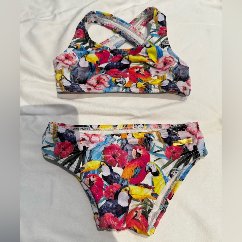 Colorful Parrot Print Kids Bikini Set